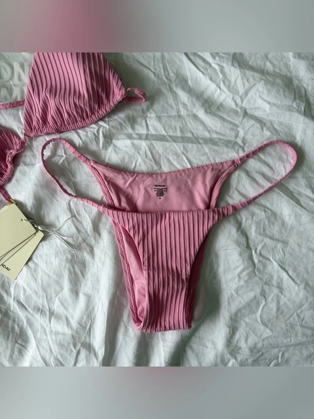 EUC MONDAY SWIMWEAR Kauai Top L Barbados Bottom M Cherry Blossom Matte Rib Pink